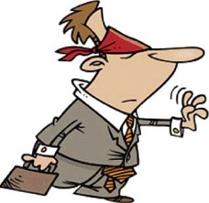A cartoon illustration of a blindfolded businessman